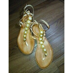 Makis Kotris K-30 Handmade Greek Leather Embellished Sandals Tan Gold White 38